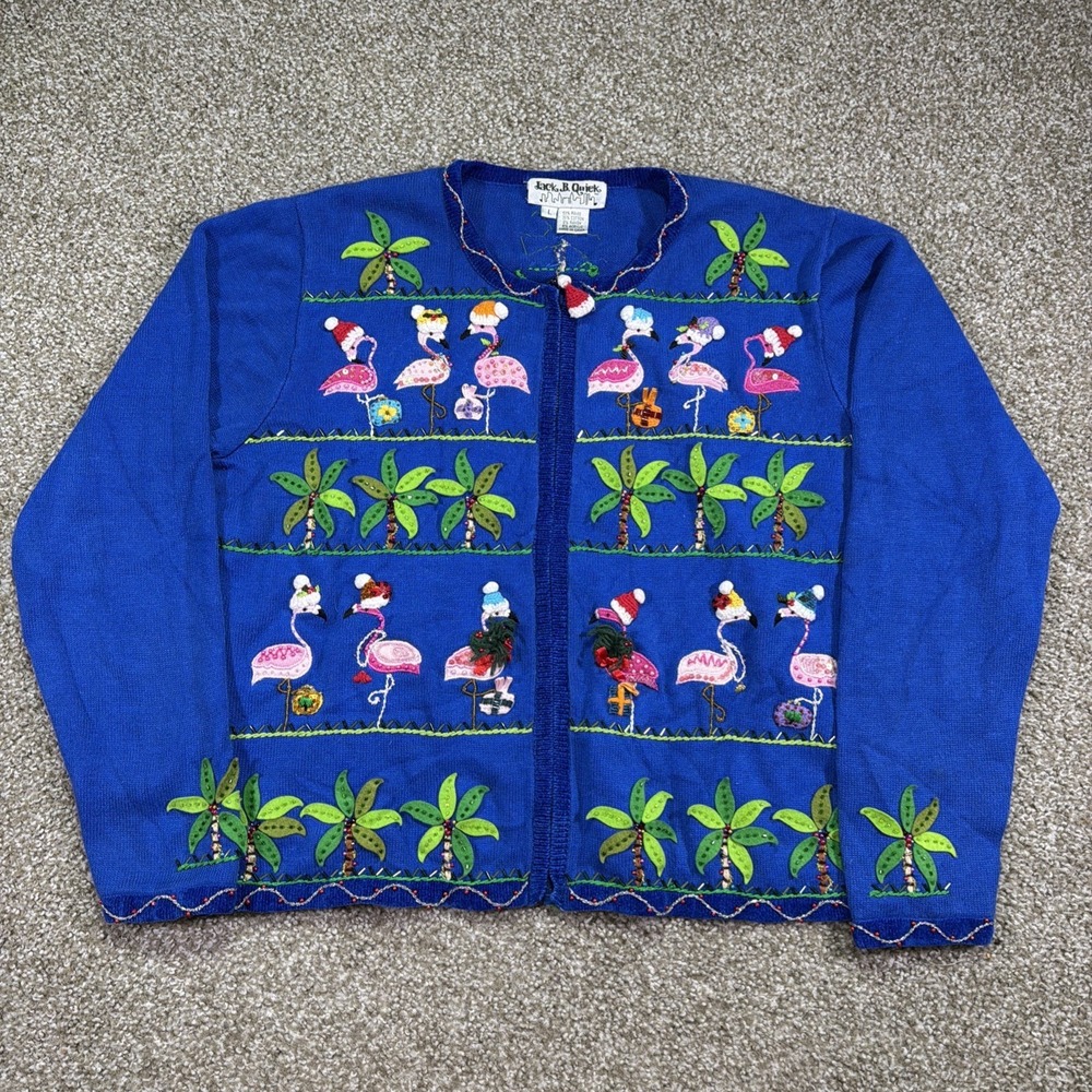 Jack B Quick Flamingo Embroidered Blue ZIPUP Sweater Size Large 90s